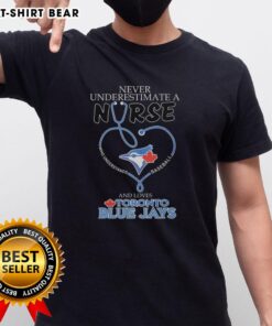 Alt Text: Original Toronto Blue Jays t-shirt featuring 'Never Underestimate A Nurse Who Understands Baseball And Loves' slogan.
