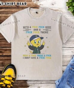 Alt Text: Original Tweety Bird middle finger graphic on a washed t-shirt with playful 'Fck Fck' text design.