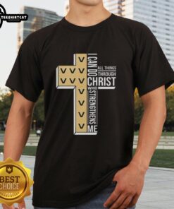 Alt Text: Original Vanderbilt Commodores women's basketball I Can Do All Things Through Christ t-shirt in black with gold lettering.