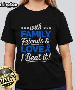 Family and friends celebrate a colon cancer survivor in a blue ribbon tee, showcasing love and support against cancer.