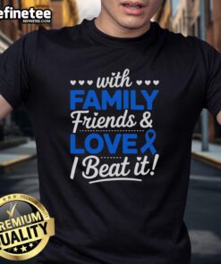 Family and friends wearing 'Beat It Survivor Colon Cancer' blue ribbon t-shirt, celebrating strength and support.