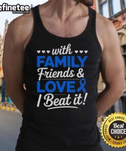 Survivor wearing a blue ribbon tank top celebrating with family and friends after beating colon cancer.