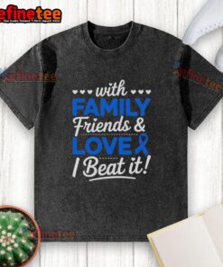 Beat It Survivor colon cancer blue ribbon washed T-shirt worn by family and friends celebrating strength and support.