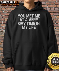 Original You Met Me At A Very Gay Time In My Life hoodie, featuring vibrant colors and a fun, bold design perfect for pride.