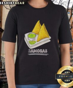 Original Samosa Lover Ladies Tee featuring colorful samosas, perfect for Indian snack foodies and casual wear.