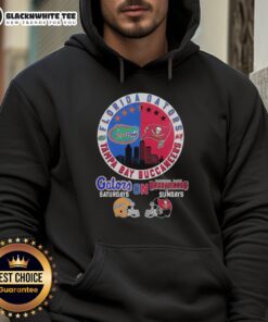 Alt Text: Florida Gators and Tampa Bay Buccaneers helmet logo mashup hoodie, perfect for game day fans and sports enthusiasts.