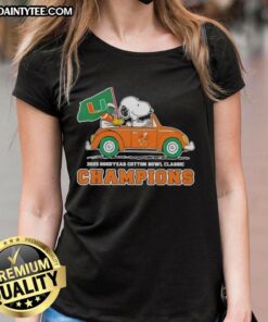 Premium 2025 Goodyear Cotton Bowl Classic Champions tee featuring Snoopy driving a car for Miami Hurricanes football.