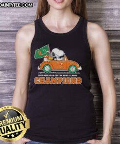 Alt Text: Premium 2025 Goodyear Cotton Bowl Classic Champions tank top featuring Snoopy driving a car for Miami Hurricanes football.