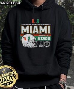 Premium 2026 Vrbo Fiesta Bowl Miami Hurricanes CFP Semifinal Helmet Hoodie showcasing team spirit and style.