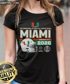 Premium 2026 Vrbo Fiesta Bowl Miami Hurricanes CFP Semifinal helmet on ladies tee shirt design, showcasing team spirit.