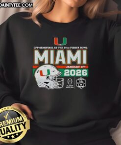Alt Text: Premium 2026 Vrbo Fiesta Bowl Miami Hurricanes CFP Semifinal helmet sweatshirt featuring vibrant team colors and logo.