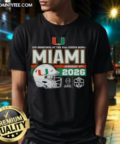 Premium 2026 Vrbo Fiesta Bowl Miami Hurricanes CFP Semifinal helmet t-shirt featuring vibrant team graphics.