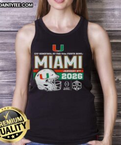 Premium 2026 Vrbo Fiesta Bowl Miami Hurricanes CFP Semifinal Helmet Tank Top featuring vibrant team colors and logo.