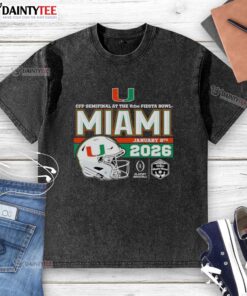 Premium 2026 Vrbo Fiesta Bowl Miami Hurricanes CFP Semifinal Helmet Washed T-Shirt, featuring vibrant team colors and logo.