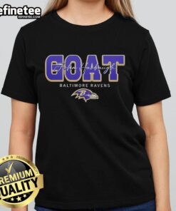 Premium Baltimore Ravens John Harbaugh GOAT ladies tee featuring a stylish design for female fans of the NFL.