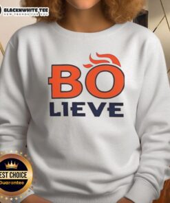 Alt Text: Premium Denver Broncos sweatshirt featuring a bold Bo-Lieve graphic, perfect for fans showing team spirit.