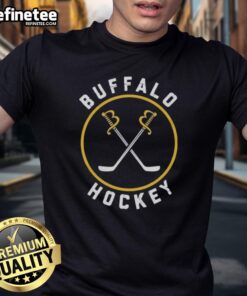 Alt Text: Premium Buffalo Sabres hockey logo T-shirt featuring bold team colors and a stylish design for fans.