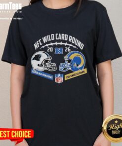 Alt Text: Premium Carolina Panthers vs Los Angeles Rams NFC Wild Card Round helmet matchup ladies tee featuring team logos.