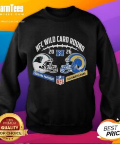 Alt Text: Premium Carolina Panthers vs Los Angeles Rams NFC Wild Card Round sweatshirt featuring team helmets and bold graphics.