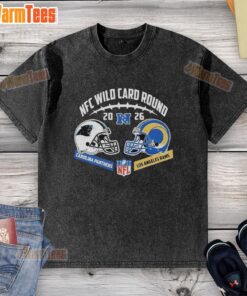Alt Text: Premium Carolina Panthers vs Los Angeles Rams NFC Wild Card Round Helmet Matchup washed t-shirt design.