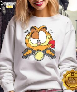 Alt Text: Premium cartoon Garfield cat on a motorcycle sweatshirt, showcasing a fun and vibrant design for cat lovers.