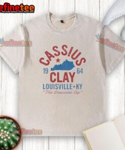 Alt Text: Premium Cassius Clay 1964 Louisville Muhammad Ali washed t-shirt featuring vintage design and iconic boxing imagery.