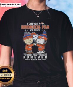 Alt Text: Premium Charlie Brown fist bump with Snoopy, celebrating Denver Broncos fans in stylish ladies tee, win or lose.