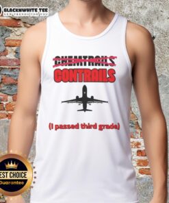 Airplane silhouette on a tank top with 'Premium Chemtrails Contrails' design, perfect for casual summer wear.