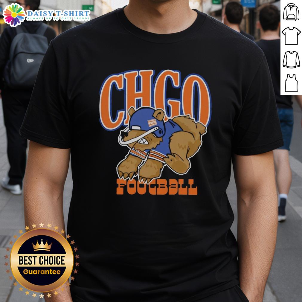 Premium Chicago Bears Football Cartoon T Shirt Alt Text: Premium Chicago Bears football cartoon t-shirt featuring a playful bear mascot design in team colors.