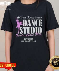 Alt Text: Premium Chloris Klinghagen Dance Studio featuring Tendu and Plie techniques near the laundry room with ladies' tees.