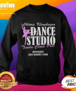 Chloris Klinghagen Dance Studio featuring a dancer in a tendu and pli, wearing a premium sweatshirt near the laundry room.