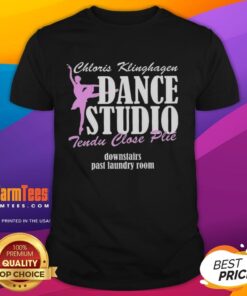 Premium Chloris Klinghagen Dance Studio Tendu Close Plie T-Shirt showcased in a cozy downstairs laundry room setting.