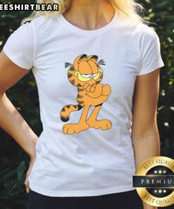 Premium confident cartoon Garfield cat ladies tee featuring a playful design perfect for cat lovers and fans of Garfield.