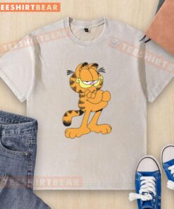 Alt Text: Premium confident cartoon Garfield cat design on a washed T-shirt, perfect for cat lovers and casual wear enthusiasts.
