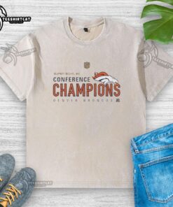 Alt Text: Premium Denver Broncos Super Bowl 50 Conference Champions washed t-shirt in navy blue with team logo and graphics.