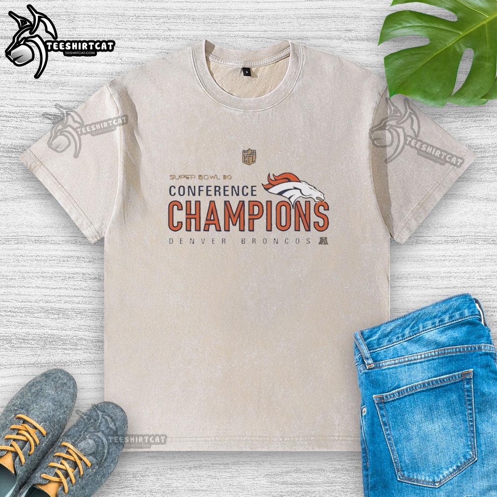 premium-denver-broncos-super-bowl-50-conference-champions-washed-t-shirt Alt Text: Premium Denver Broncos Super Bowl 50 Conference Champions washed t-shirt in navy blue with team logo and graphics.