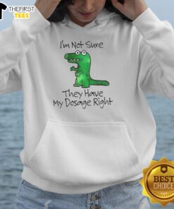 Premium Dinosaur 'I'm Not Sure They Have My Dosage Right' Hoodie featuring a playful dinosaur graphic in vibrant colors.