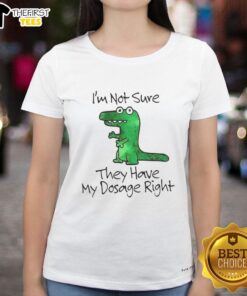 Premium Dinosaur 'I'm Not Sure They Have My Dosage Right' Ladies Tee featuring a fun graphic and stylish design.