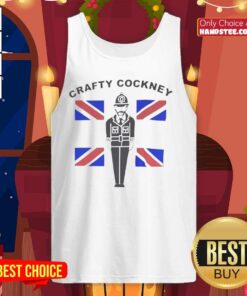 Alt Text: Premium Eric Bristow Crafty Cockney tank top featuring a British flag design, perfect for darts fans and casual wear.