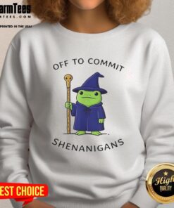 Premium Frog Wizard Off to Commit Shenanigans Quote Sweatshirt featuring a whimsical frog wizard design.