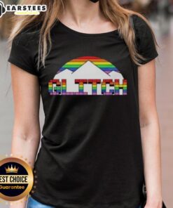 Alt Text: Premium Glitch Denver Nuggets Basketball Pride Mountain Ladies Tee in vibrant colors, perfect for fans and casual wear.