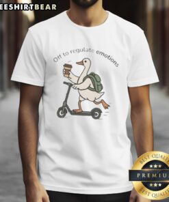 Alt Text: Premium goose riding a scooter with a backpack, promoting a fun 'Regulate Emotions' T-shirt design for kids.