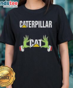 Premium Grinch hands holding a love caterpillar on a Christmas ladies tee, perfect for festive holiday celebrations.