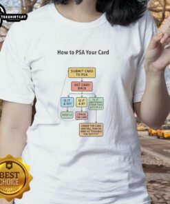 Step-by-step guide on how to submit your card to PSA for grading, featured on a ladies' tee.