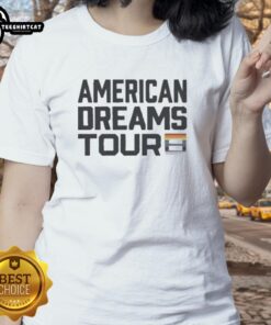 Alt Text: Premium I Am The American Dreams Tour Pride Ladies Tee featuring vibrant colors and stylish design for pride celebrations.
