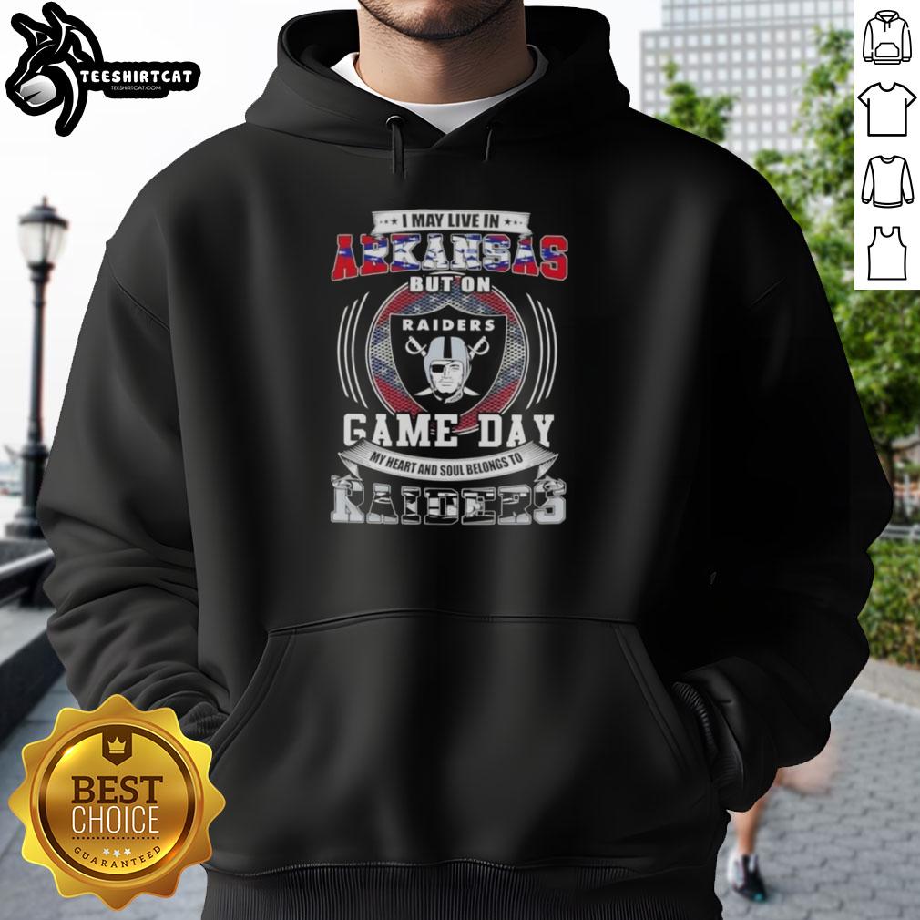 premium-i-may-live-in-arkansas-but-on-game-day-my-heart-and-soul-belongs-to-las-vegas-raiders-football-hoodie Premium hoodie featuring 'I May Live In Arkansas But My Heart Belongs To Las Vegas Raiders' design for football fans.