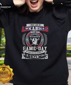 Alt Text: Premium sweatshirt with I May Live In Arkansas But My Heart Belongs To Las Vegas Raiders design for football fans.