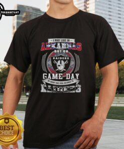 Alt Text: Premium I May Live In Arkansas But On Game Day My Heart And Soul Belongs To Las Vegas Raiders T-Shirt design.