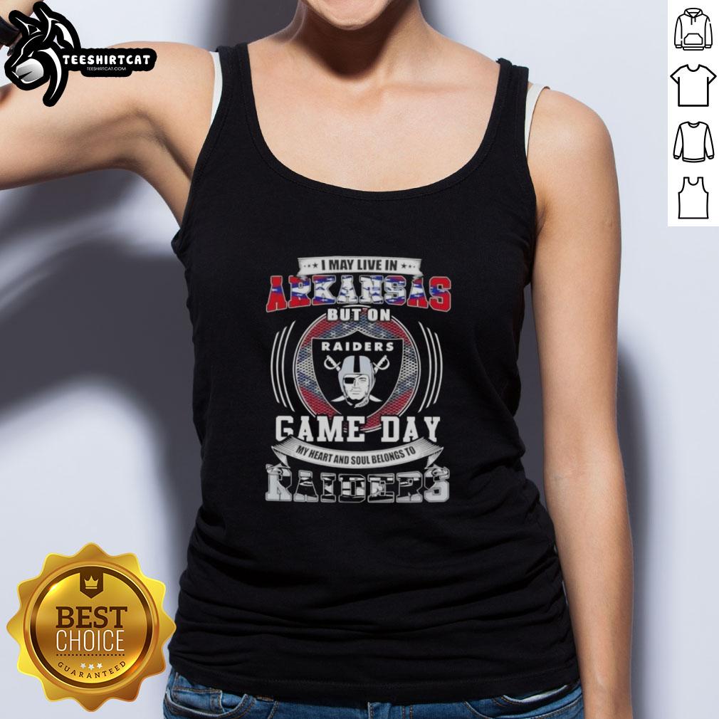 premium-i-may-live-in-arkansas-but-on-game-day-my-heart-and-soul-belongs-to-las-vegas-raiders-football-tank-top Premium tank top featuring 'I may live in Arkansas, but my heart belongs to Las Vegas Raiders football' design.