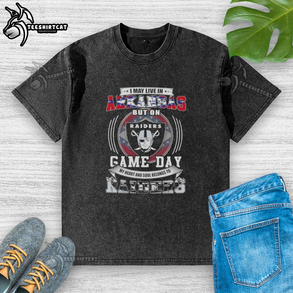 premium-i-may-live-in-arkansas-but-on-game-day-my-heart-and-soul-belongs-to-las-vegas-raiders-football-washed-t-shirt Premium washed t-shirt featuring 'I May Live In Arkansas But My Heart Belongs To Las Vegas Raiders Football' design.